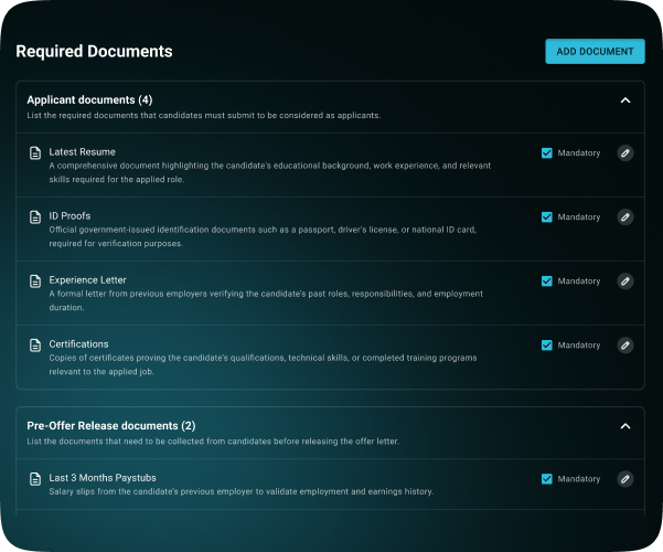 Automated document collection dashboard managed by an AI recruiting agent, displaying a compliance checklist for hiring