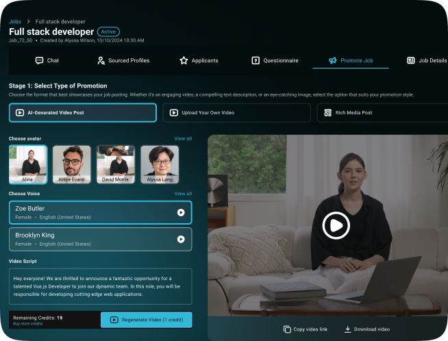 AI recruiter interface for job promotion and avatar-based video creation across hiring platforms