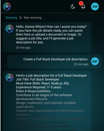 AI recruiter generating a job description for Full Stack Developer from user input
