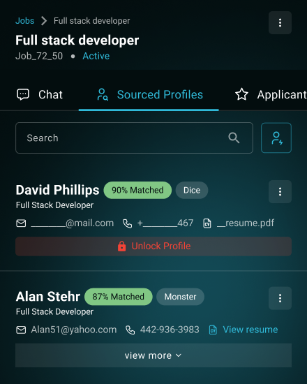 AI recruiter dashboard showing sourced candidate profiles with skill match percentage and sourcing platforms