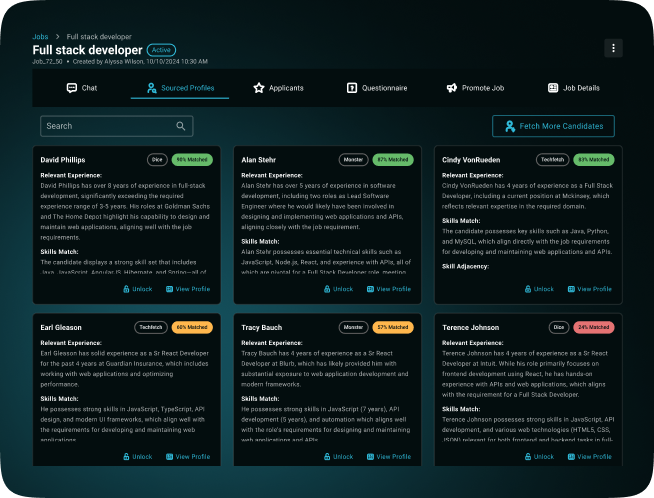 Recruitment dashboard with candidate profiles and match percentages from AI resume screening and candidate scoring software