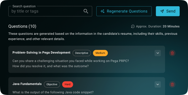 Assessment question bank interface for generating skill-based questions,  a feature of AI resume screening and candidate scoring software