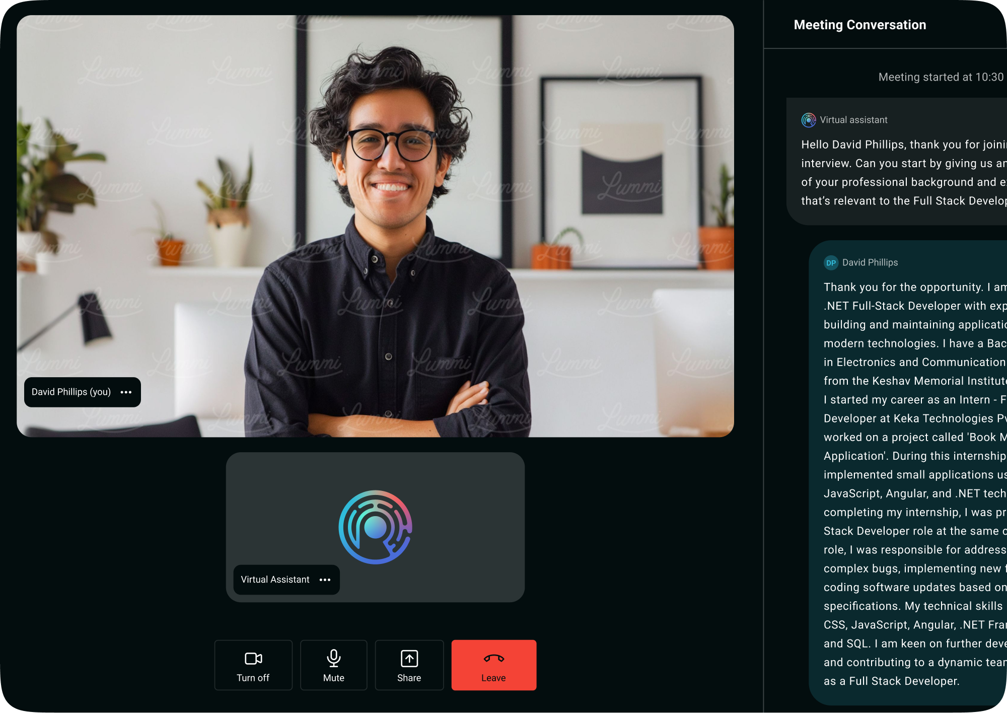 Video call with a virtual assistant icon, showing an AI recruiting agent in action