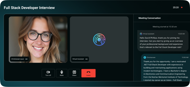 Virtual interview screen with AI analysis, powered by an AI recruiting agent