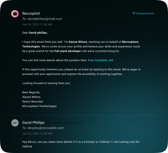 Email interface showing an AI-automated follow-up, central to effective candidate engagement automation.
