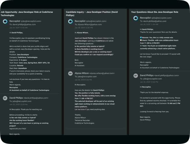 Screens showing three-way engagement coordination, facilitated by a comprehensive candidate engagement platform
