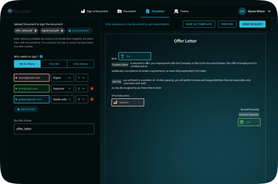 Offer letter dashboard with digital signature support, ensuring secure and automated hiring compliance as part of recruitment workflow automation