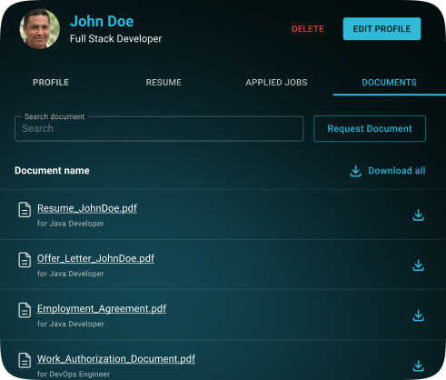 Secure HR document storage dashboard listing candidate files, emphasizing automated hiring compliance 