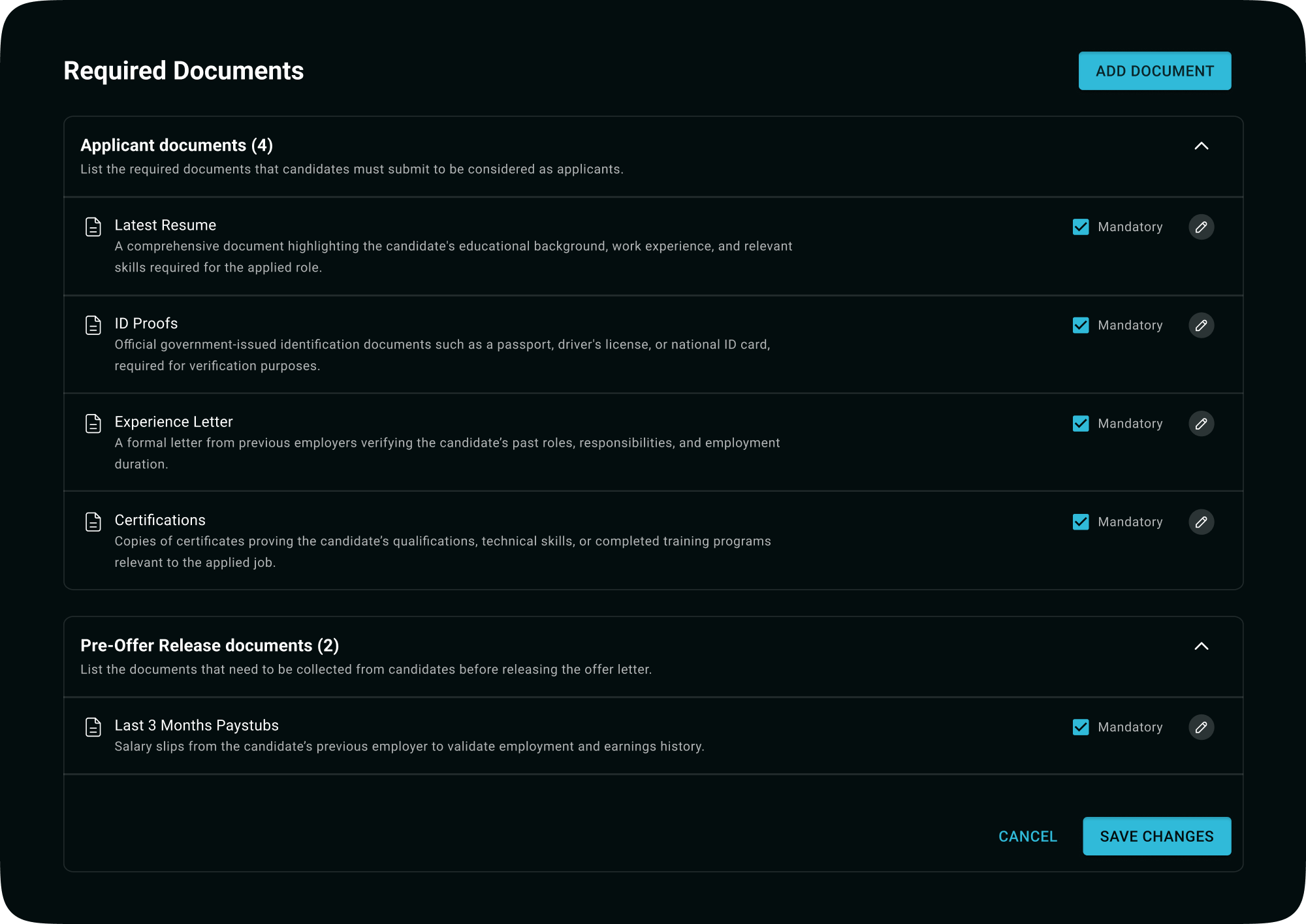 Interface showing a checklist of required applicant documents, highlighting initial steps in automated hiring compliance handled by an AI recruiting agent