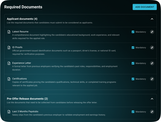 Interface showing a checklist of required applicant documents, highlighting initial steps in automated hiring compliance handled by an AI recruiting agent