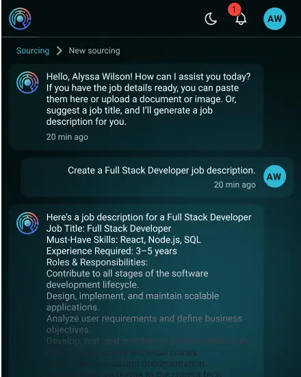 AI recruiter generating a job description for Full Stack Developer from user input
