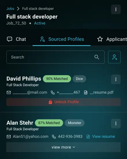 AI recruiter dashboard showing sourced candidate profiles with skill match percentage and sourcing platforms