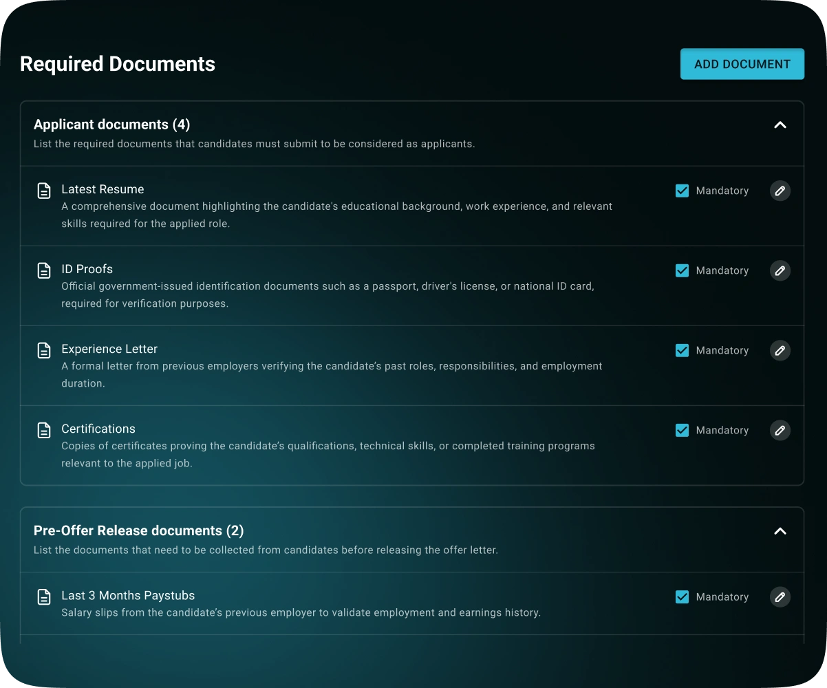 Automated document collection dashboard managed by an AI recruiting agent, displaying a compliance checklist for hiring
