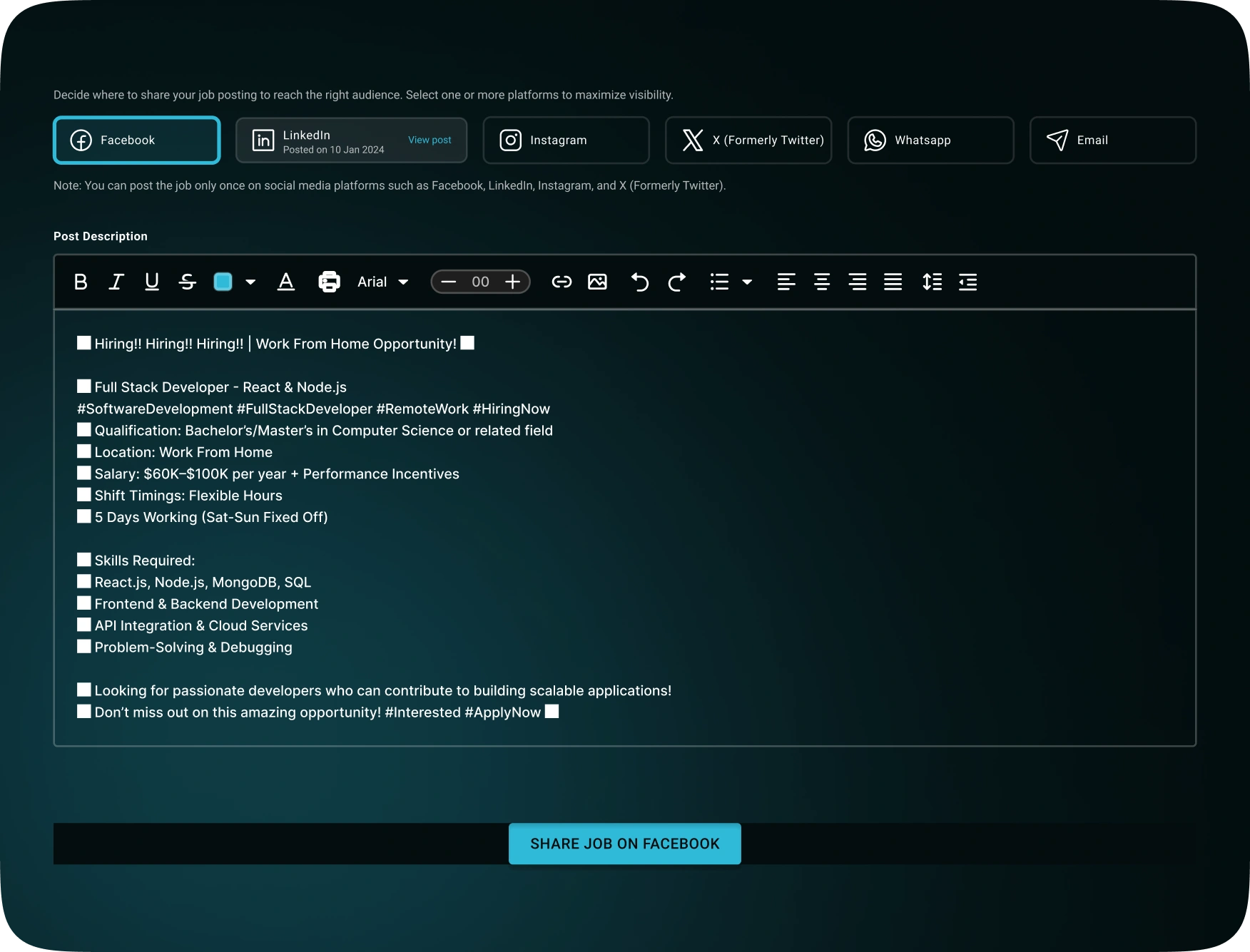 Dashboard showing the Job posts on Social Media Platforms