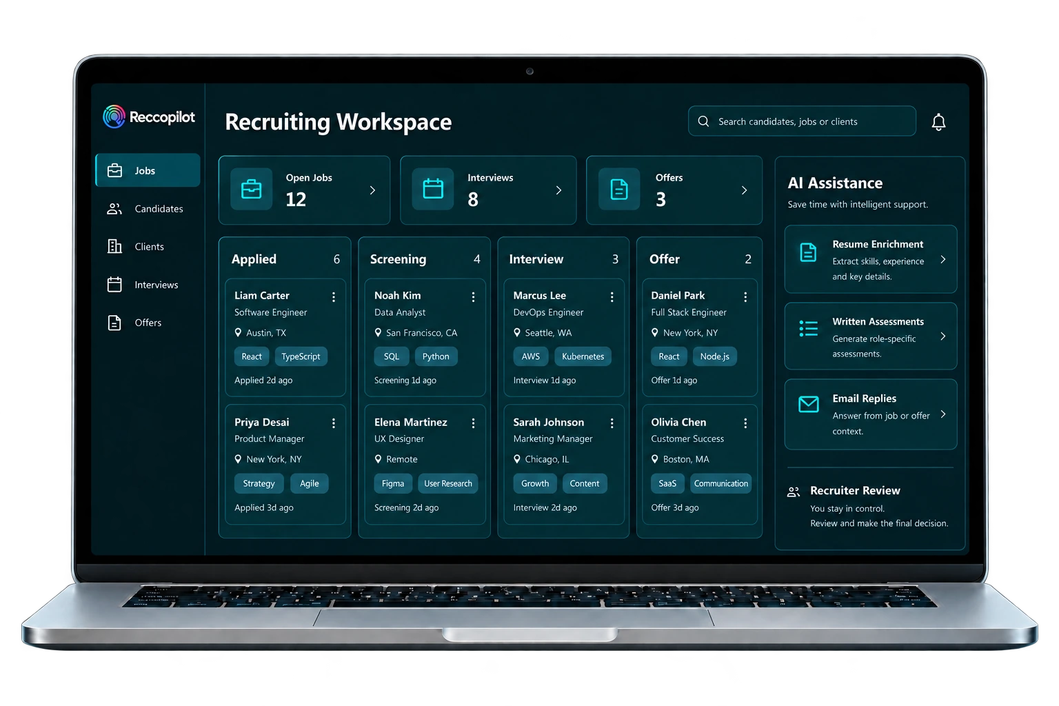 Reccopilot staffing ATS workspace with jobs, candidate pipeline and AI-assisted recruiting tasks.
