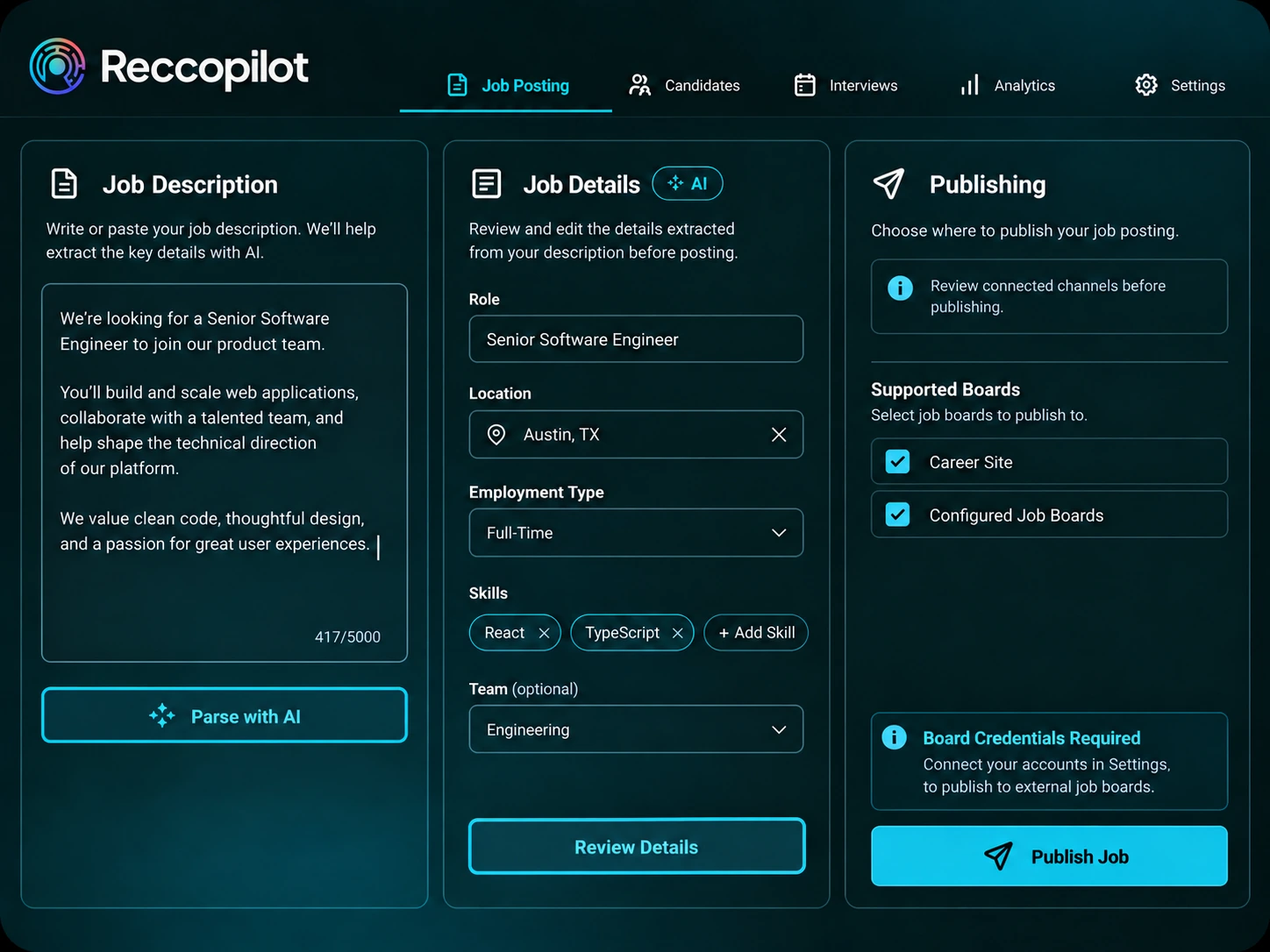 Job description parsing, reviewed job details and career-site publishing controls.