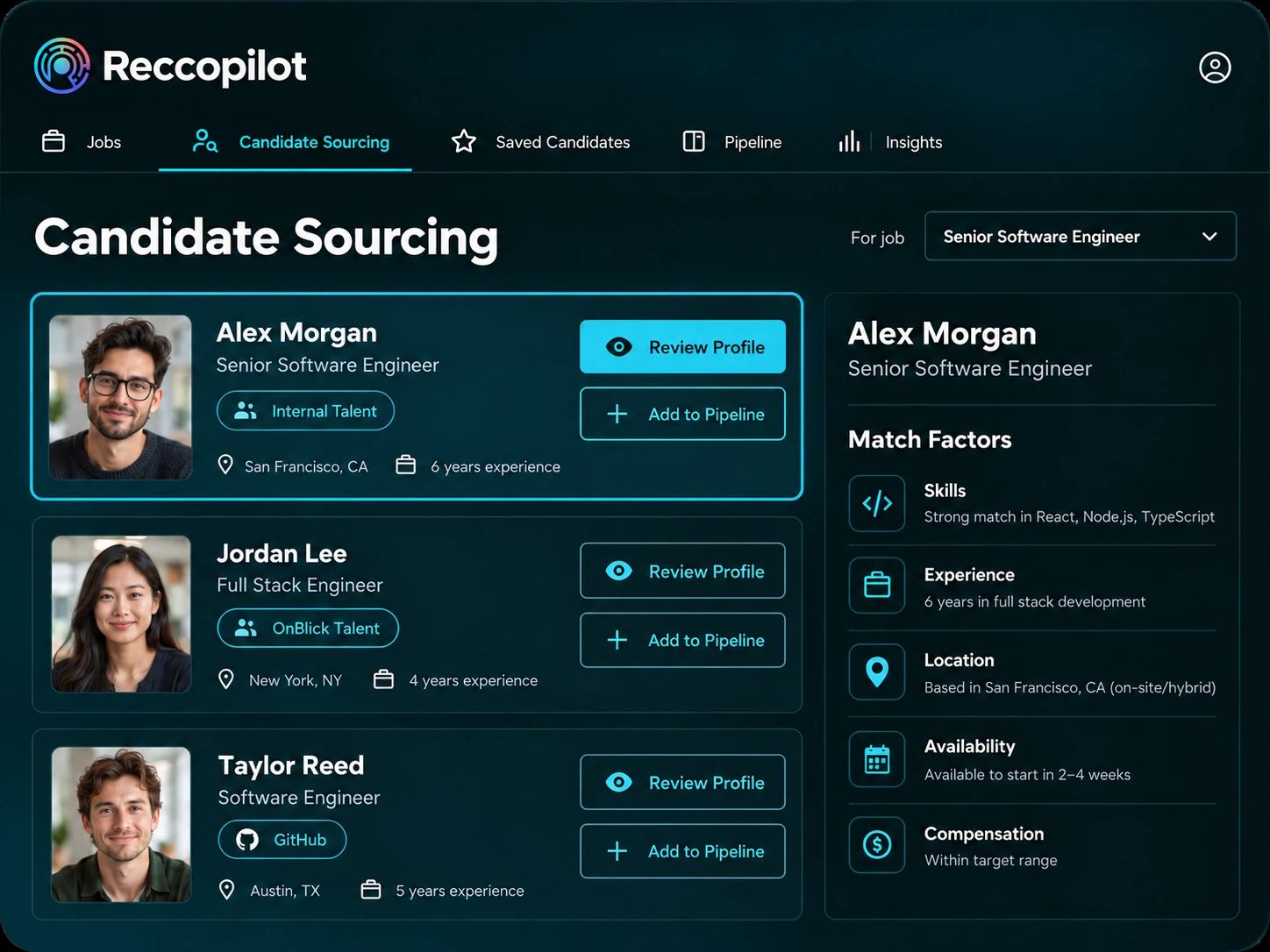 Candidate sourcing with skills, experience, location, availability and compensation match factors.