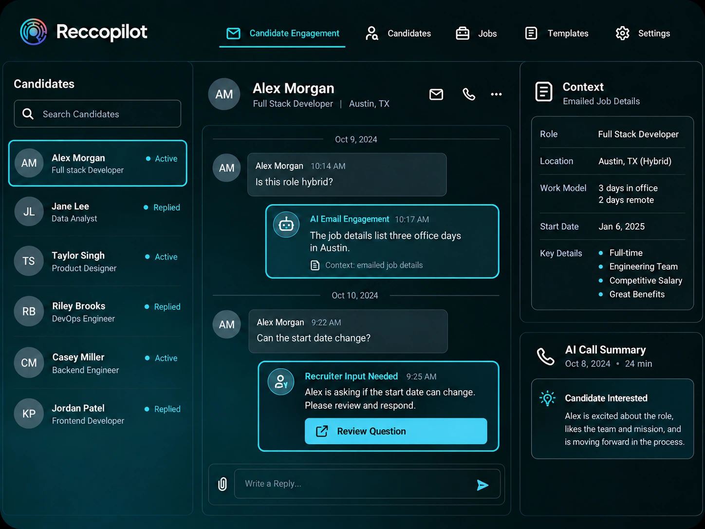 Contextual candidate email replies and questions escalated for recruiter input.