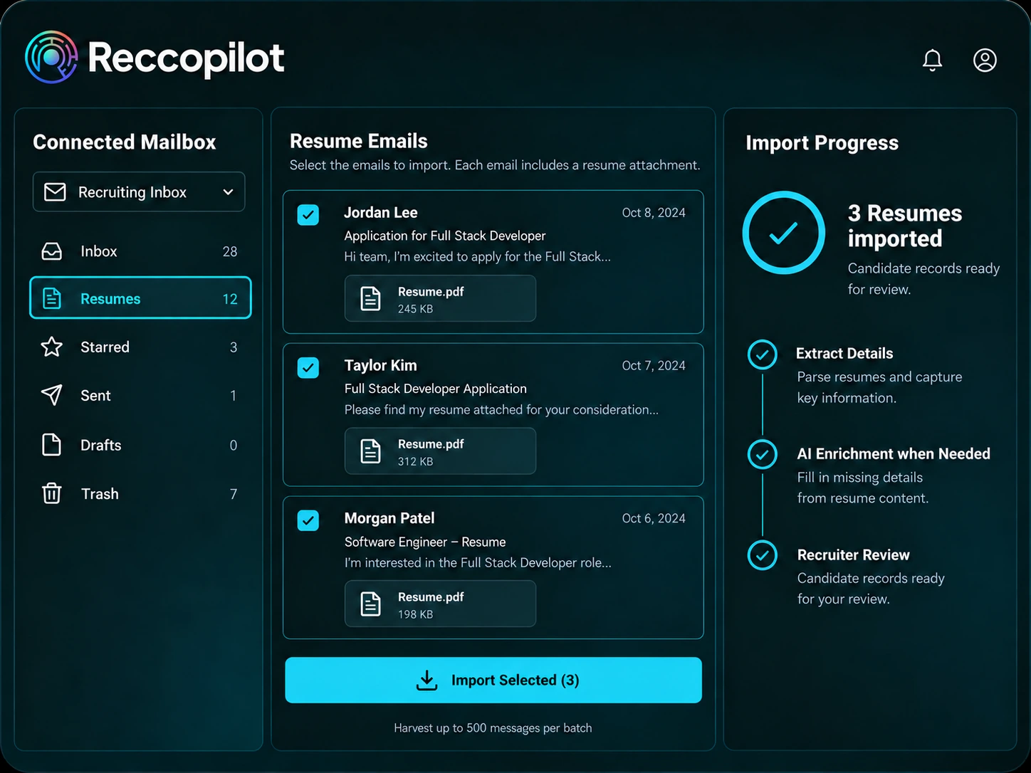Email resume import with selected attachments, AI enrichment when needed and recruiter review.