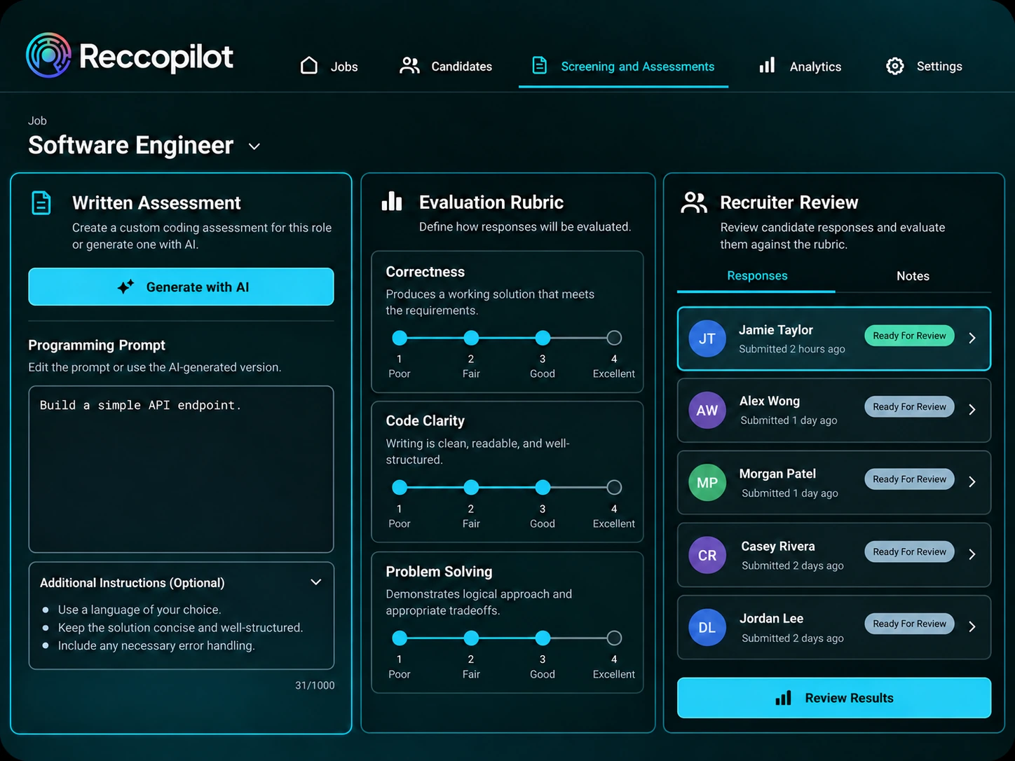 AI-generated written assessment, evaluation rubric and recruiter response review.