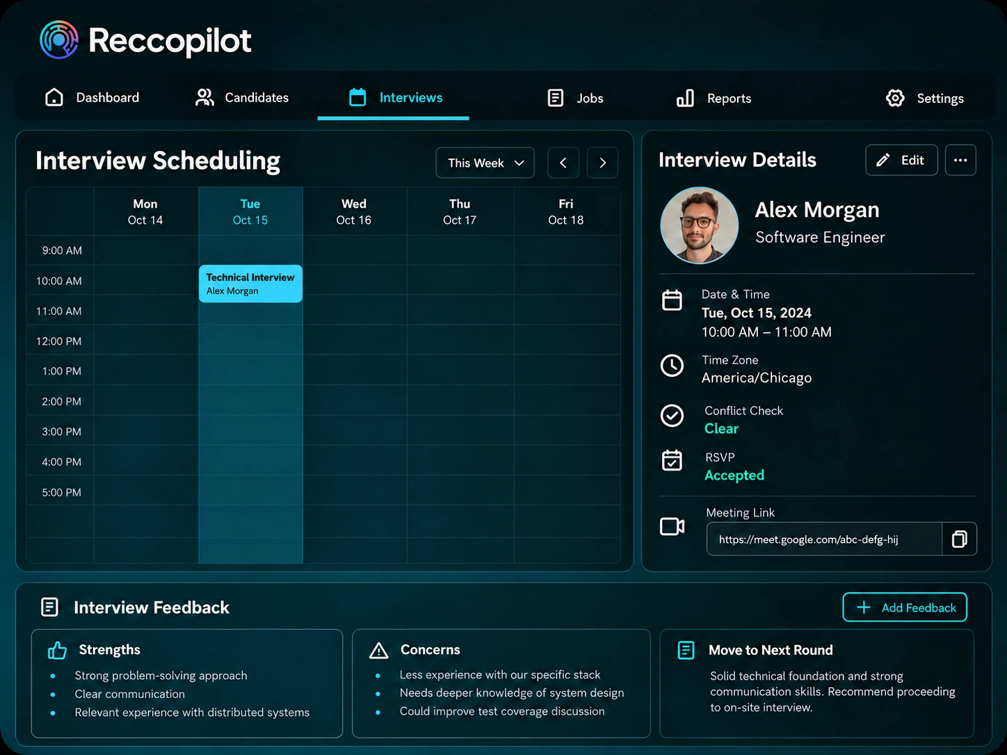 Timezone-aware interview calendar with conflict checks, RSVP and feedback.
