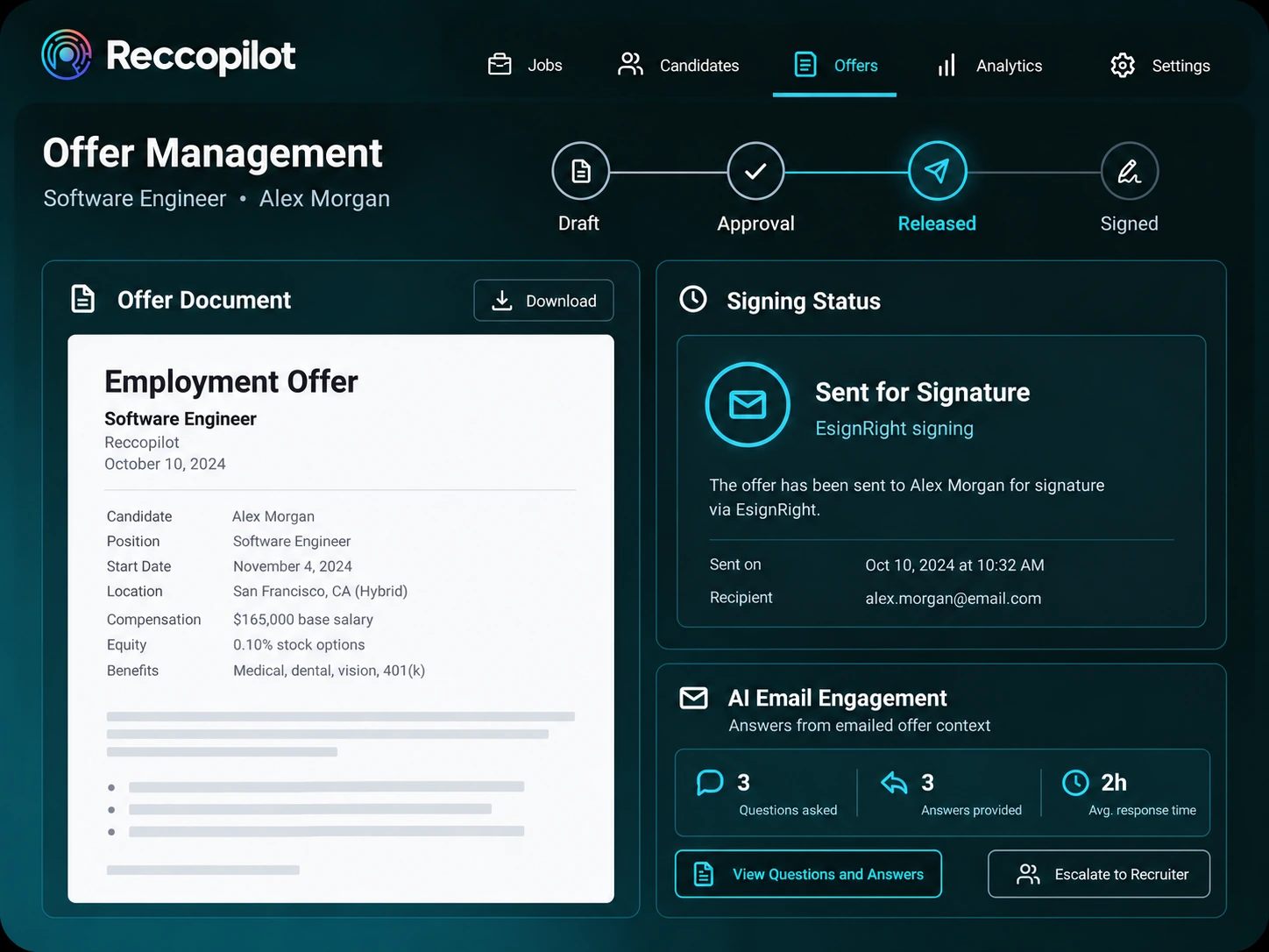 Offer approval, EsignRight signing status and contextual candidate email engagement.