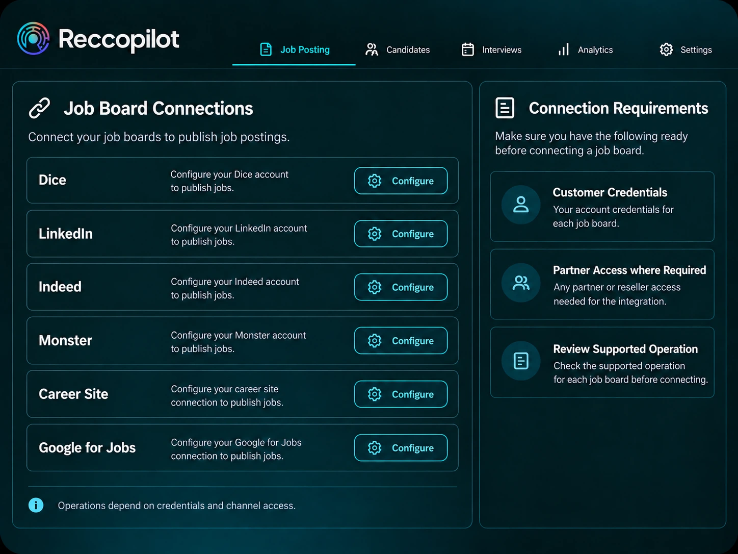 Job board connections with account credentials and board access requirements.