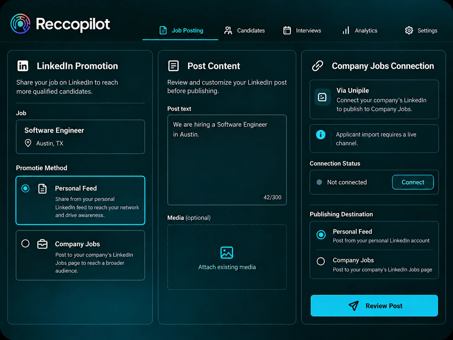 LinkedIn promotion options for personal feeds and connected company Jobs pages.