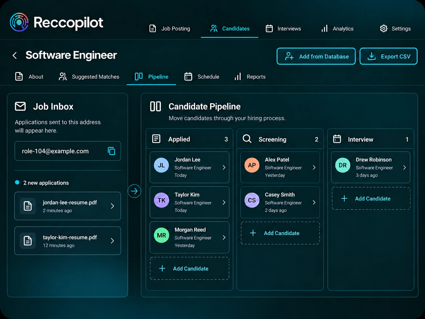 Job inbox and resume submissions connected to the candidate pipeline.