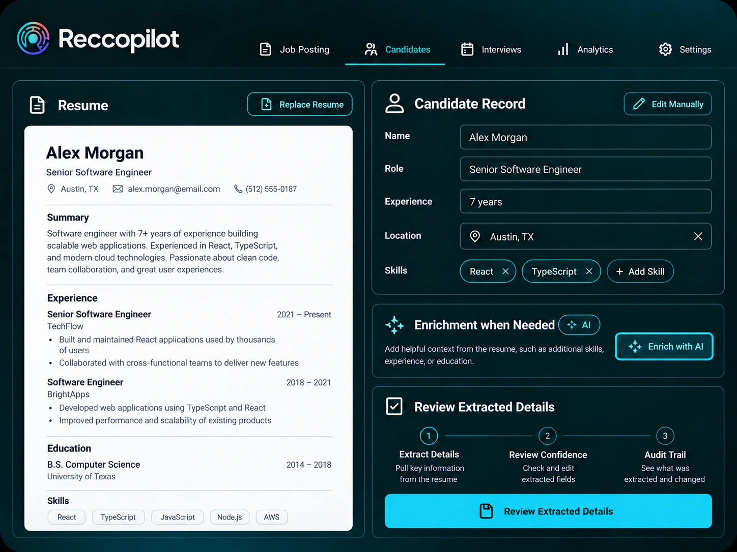 Resume extraction with AI enrichment when needed and recruiter review.