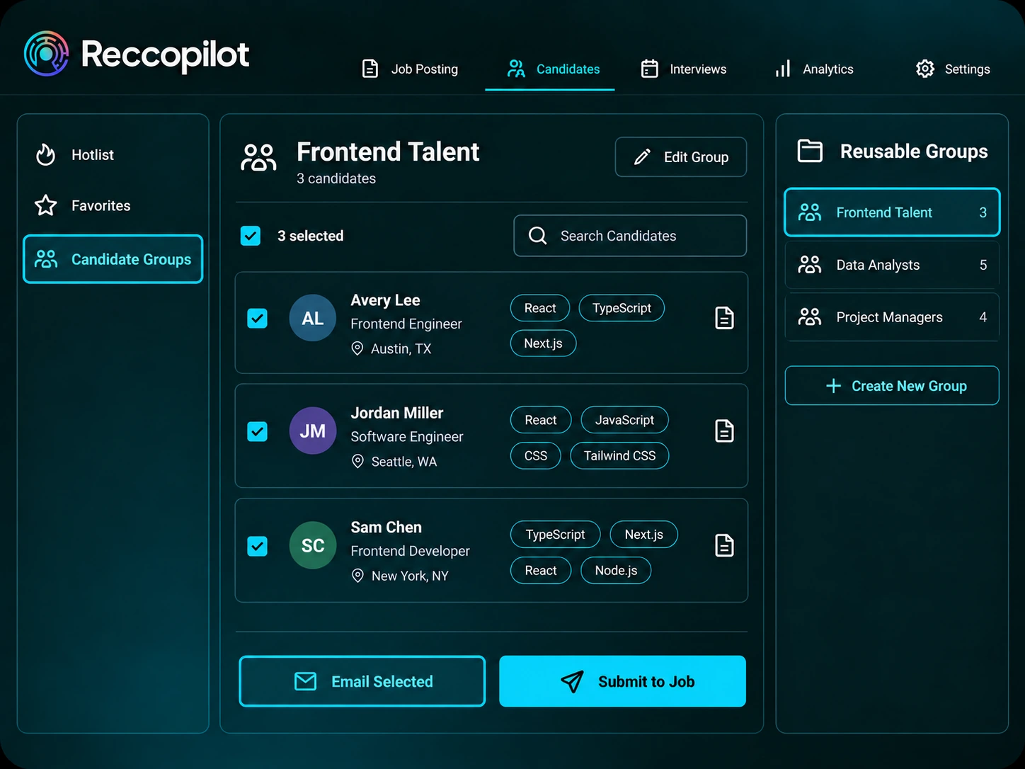 Candidate Groups, Favorites and Hotlist for organizing reusable talent pools.