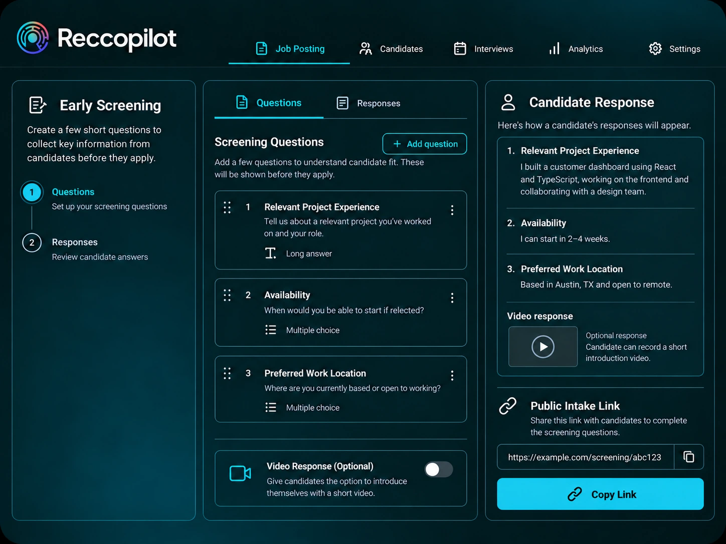 Screening intake with candidate information and recruiter review controls.