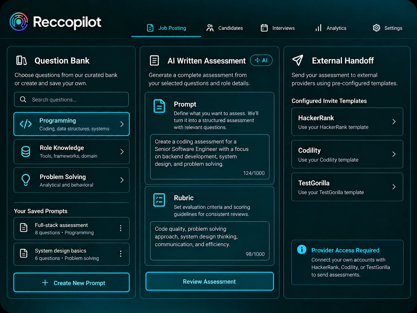Assessment provider connections and evaluation handoff settings.