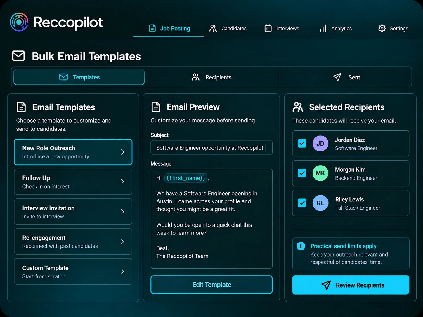 Bulk candidate email with recipient selection and job context.