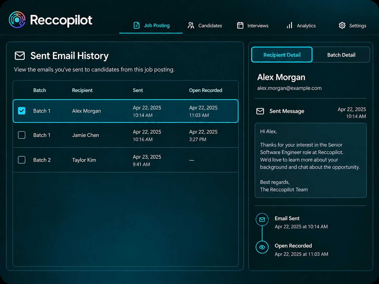 Sent email history with related candidate and job records.