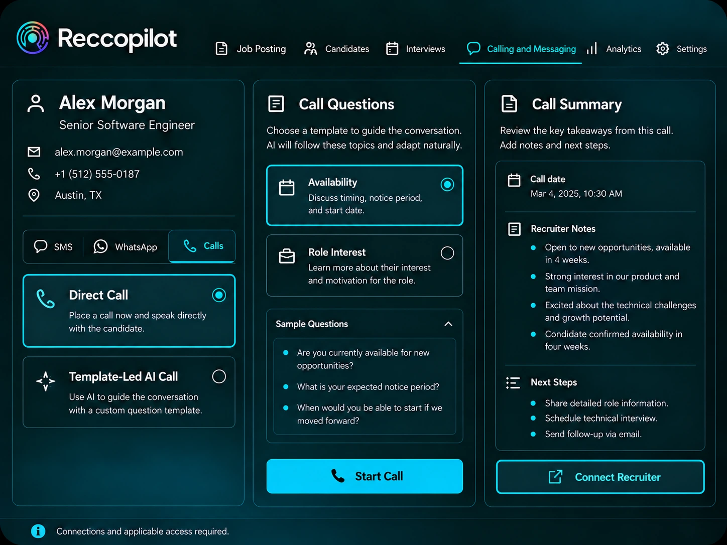 Direct calling, template-led AI calls and recruiter-reviewed call summaries.