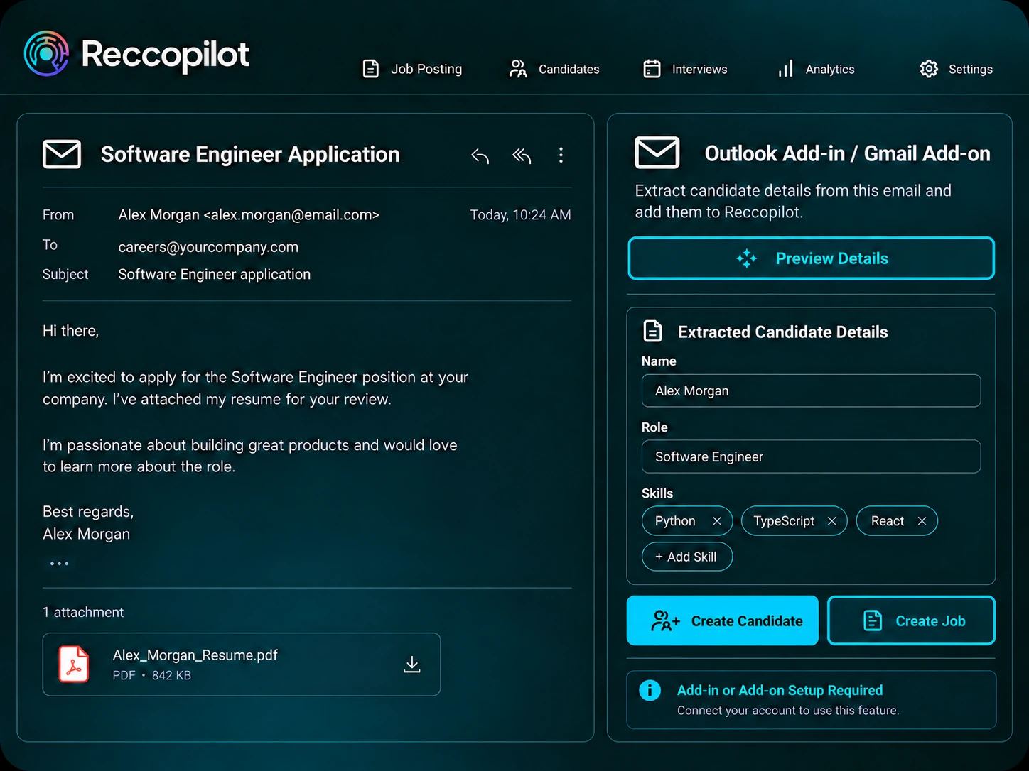 Email plugin tools for reviewing and importing candidate information.