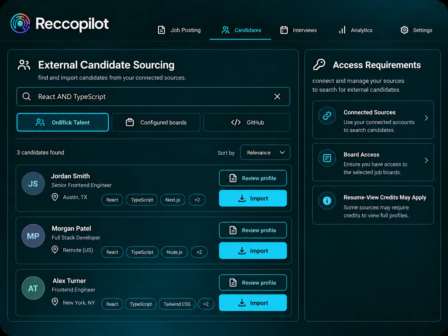 External candidate sourcing with supported board credentials and access.