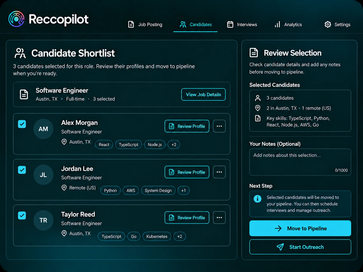 Recruiter shortlist actions for selected candidates and job pipeline review.