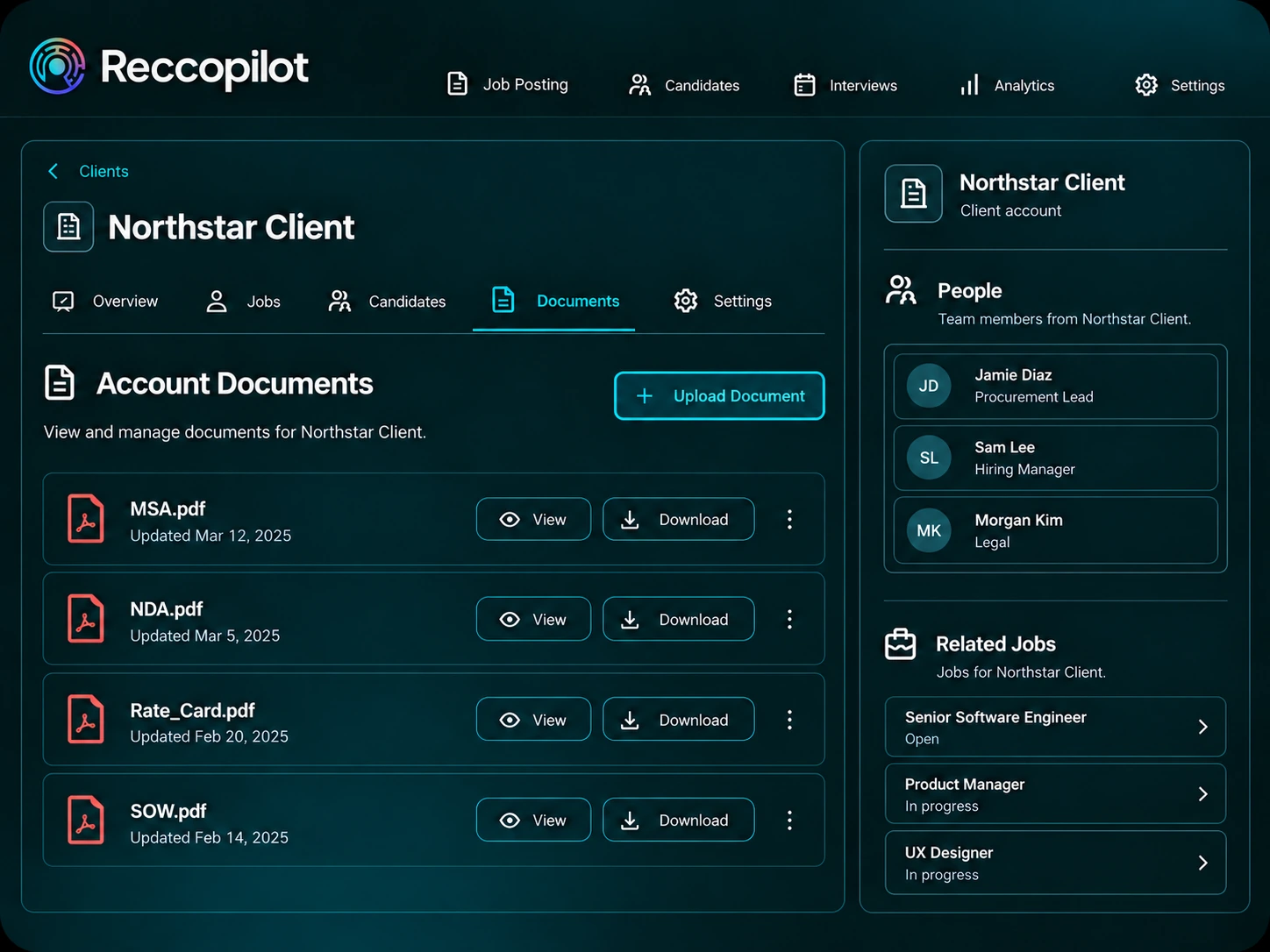Client account commercial documents and file management.