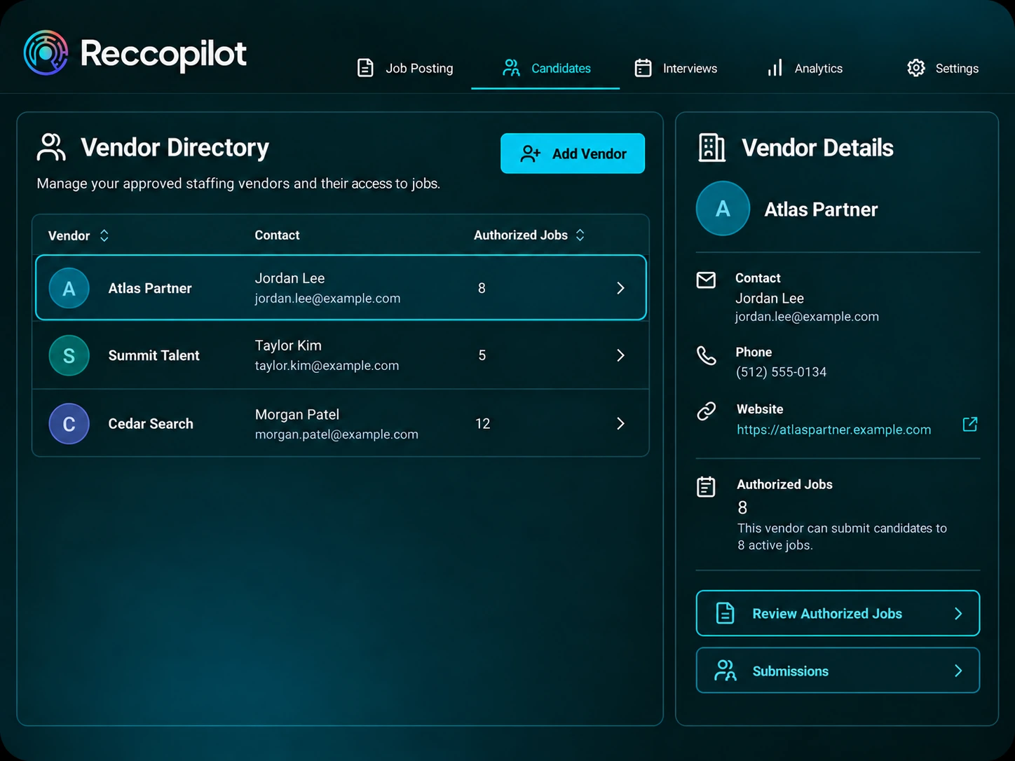 Vendor directory with account records and vendor contacts.