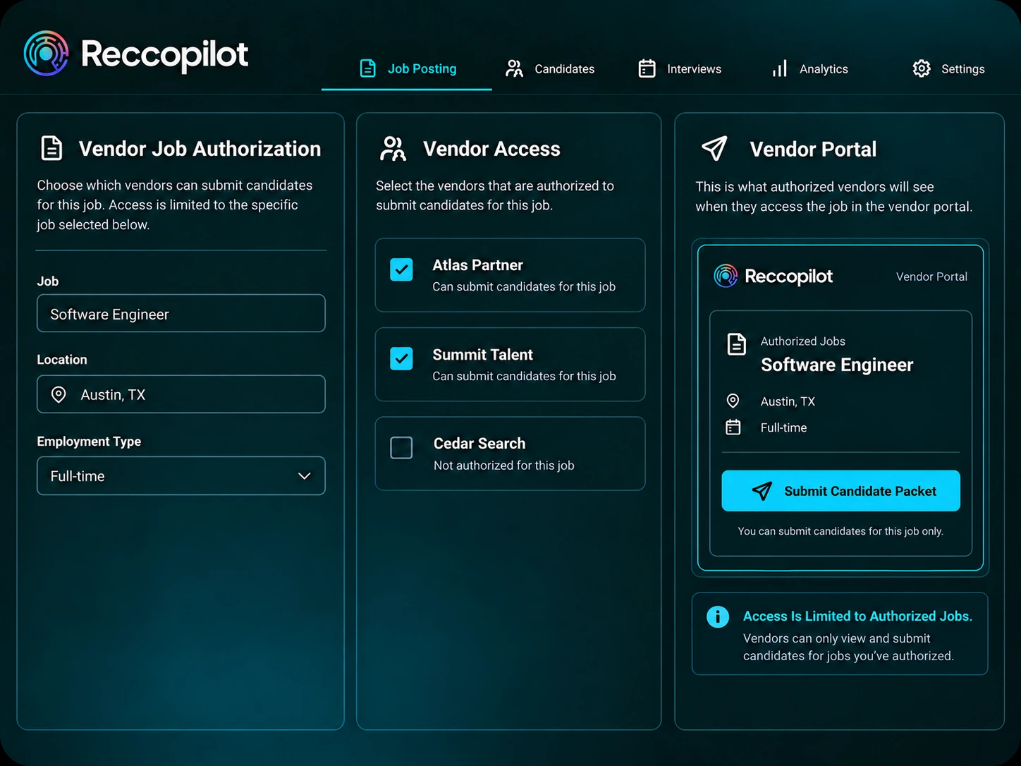 Vendor job access settings and authorized submission controls.