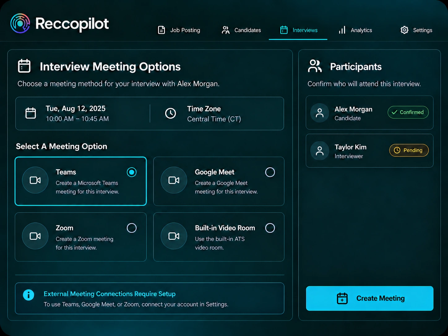Interview meeting options with connected video providers and participant RSVP.