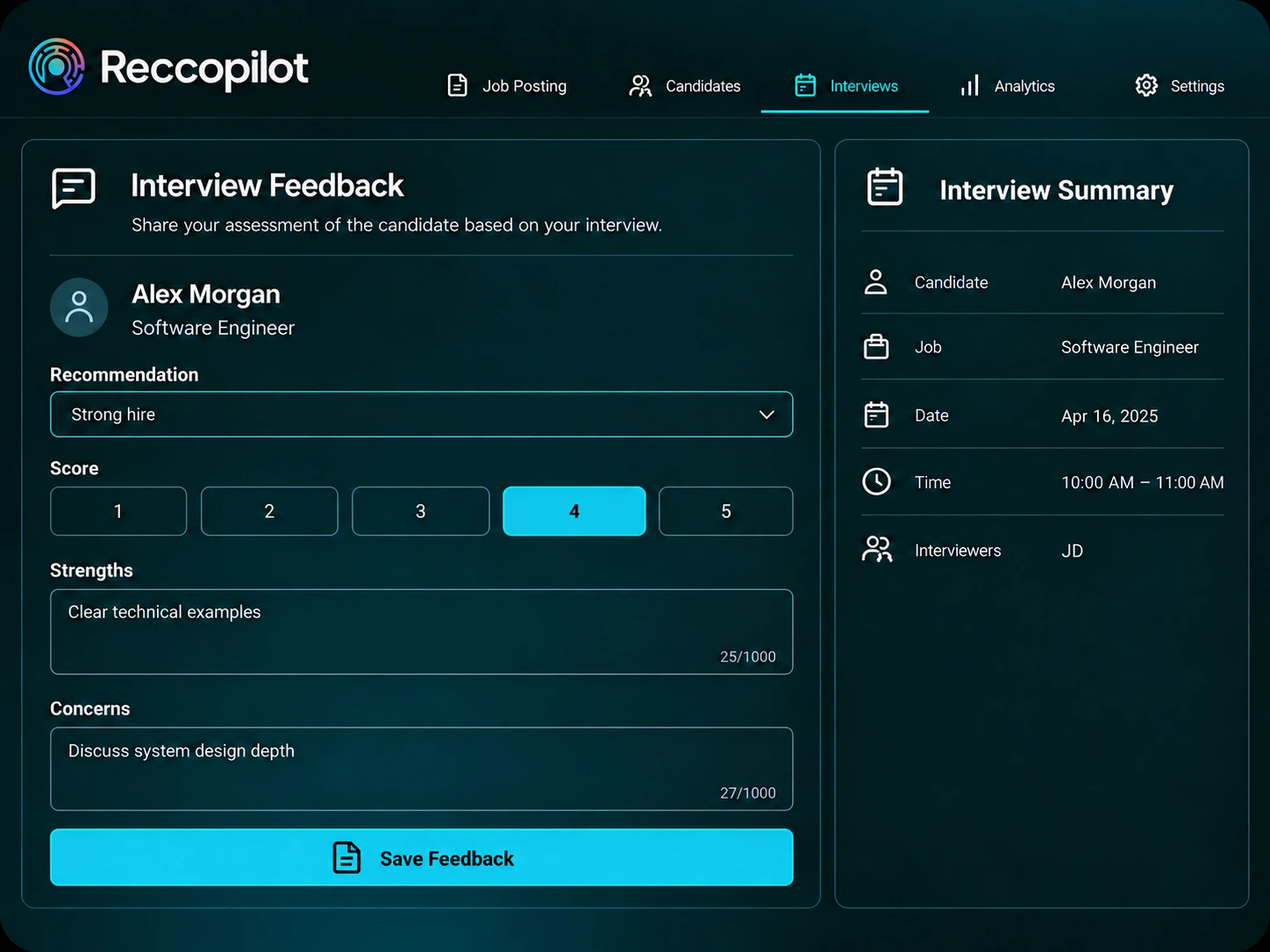 Recruiter interview feedback with score, strengths and follow-up notes.