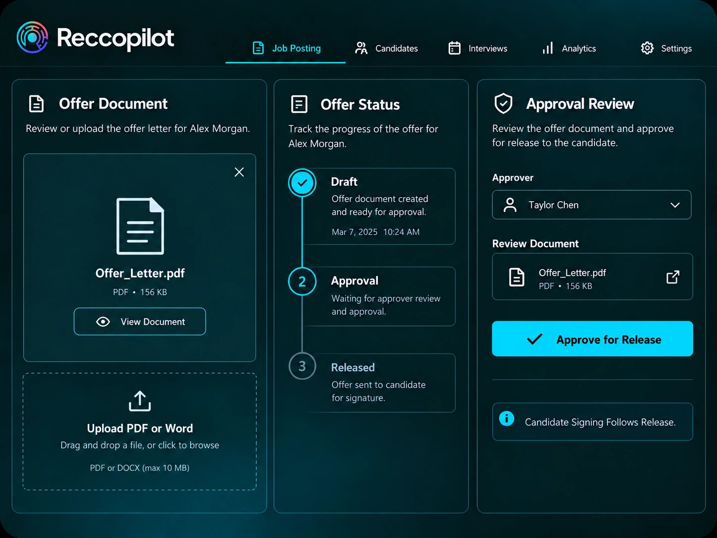 Offer document approval and release before candidate signing.