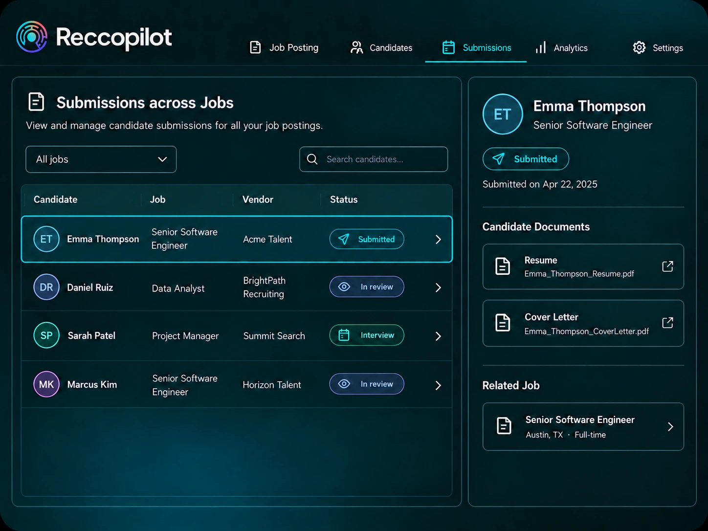 Vendor candidate submissions across jobs with review statuses.