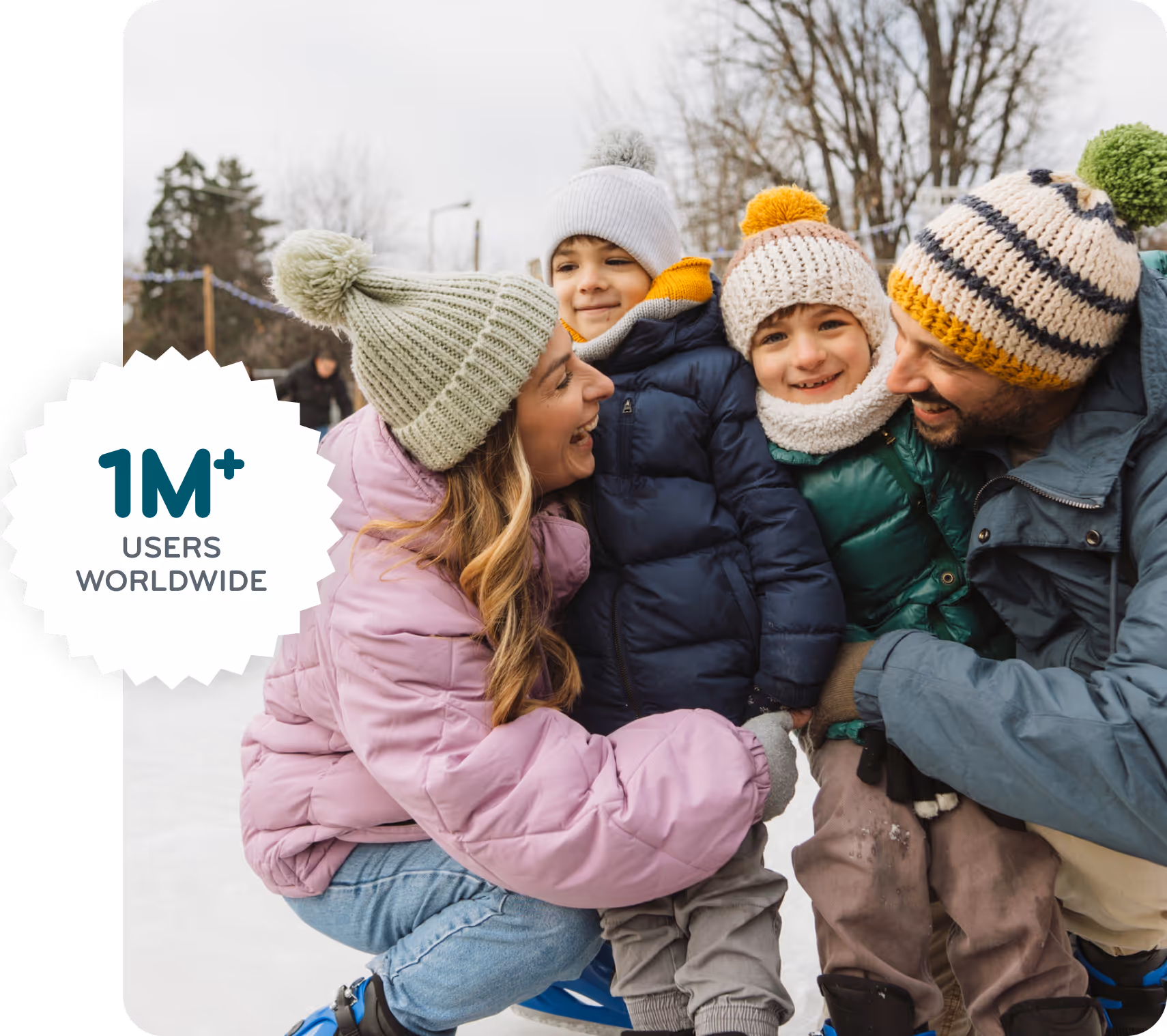Happy family of four wearing colorful winter beanies outdoors with 1M+ users worldwide text overlay