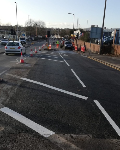Carriageway with traffic management cones during road works