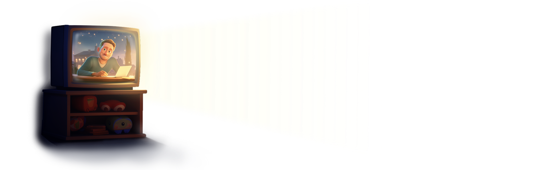 A glowing TV screen — the modern hearth around which childhood unfolds. Symbol of passive viewing, now reimagined through Storigami’s interactive storytelling.