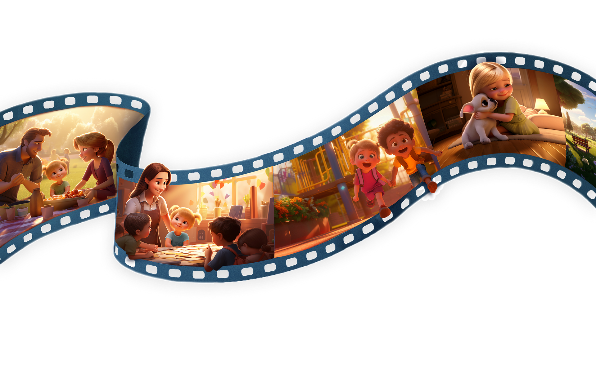 A cinematic strip unspools a vibrant journey through the World of Storigami — each frame a gateway into unique, interactive adventures where children become the heroes of their own stories.